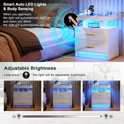 LED Nightstands with 2 Drawers, Auto Sensor Lights & Charging