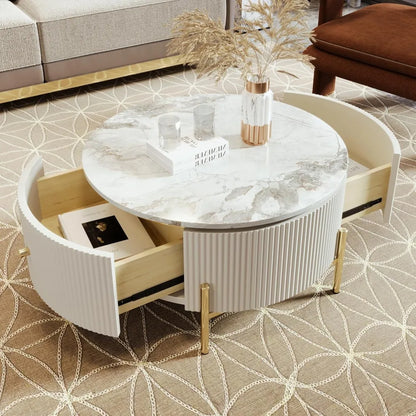 Modern Round Coffee Table with 2 Large Drawers Storage Accent Table(31.5'')