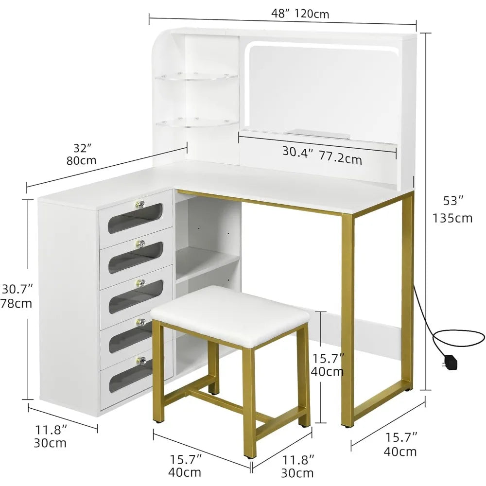 DWVO 48" L-Shaped Makeup Vanity Desk with Lights & Mirror