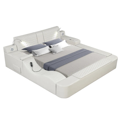 White Multi-Function Smart Bed: Solid Wood, King Size, Storage