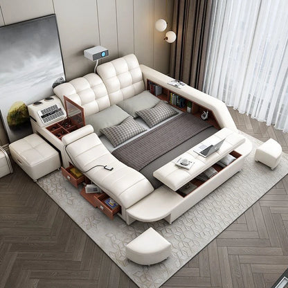 Luxury Smart Bed: Genuine Leather, Massage, Bluetooth, Air Cleaner