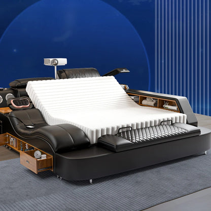 Genuine Leather Multifunctional Bed - Massage, Bluetooth, Projector