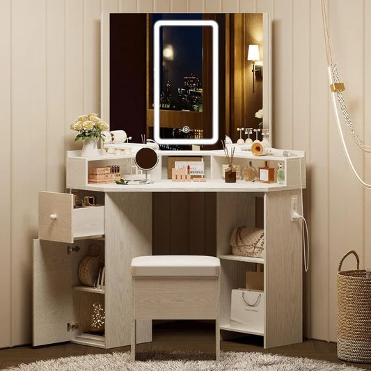 Corner Vanity Desk Set with 3-Folding Mirrors, Charging Station & Shelves