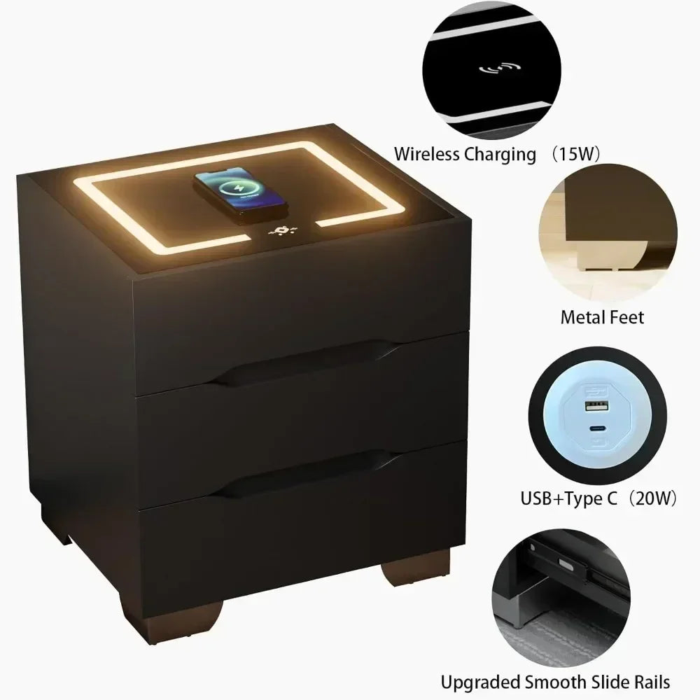 Modern Nightstands with LED Lights, Charging Station & Sensor