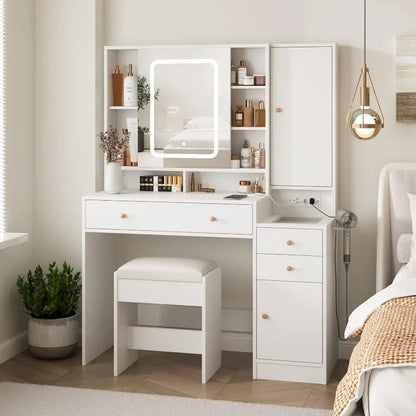 Vanity Desk with Mirror & Lights, Makeup Vanity with 3 Drawers, Cabinets, Charging Station & Sliding Features