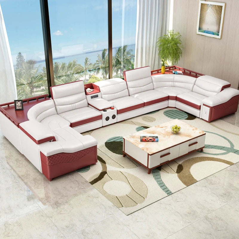 Italian Cow Leather Couch Set - Modern Big Sofas with Bluetooth & USB