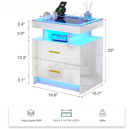 LED Nightstands with 2 Drawers, Auto Sensor Lights & Charging