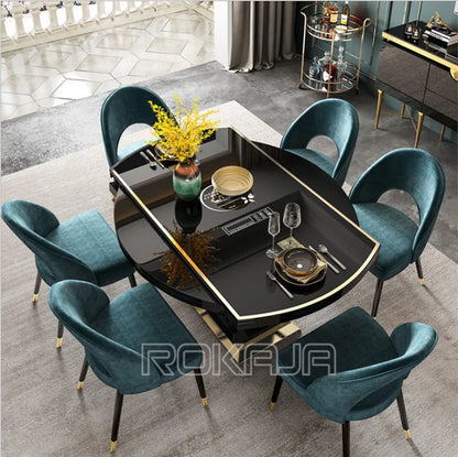 Luxury Extendable Dining Table: Storage, Induction Cooker, Tempered Glass, Round/Rectangle Set