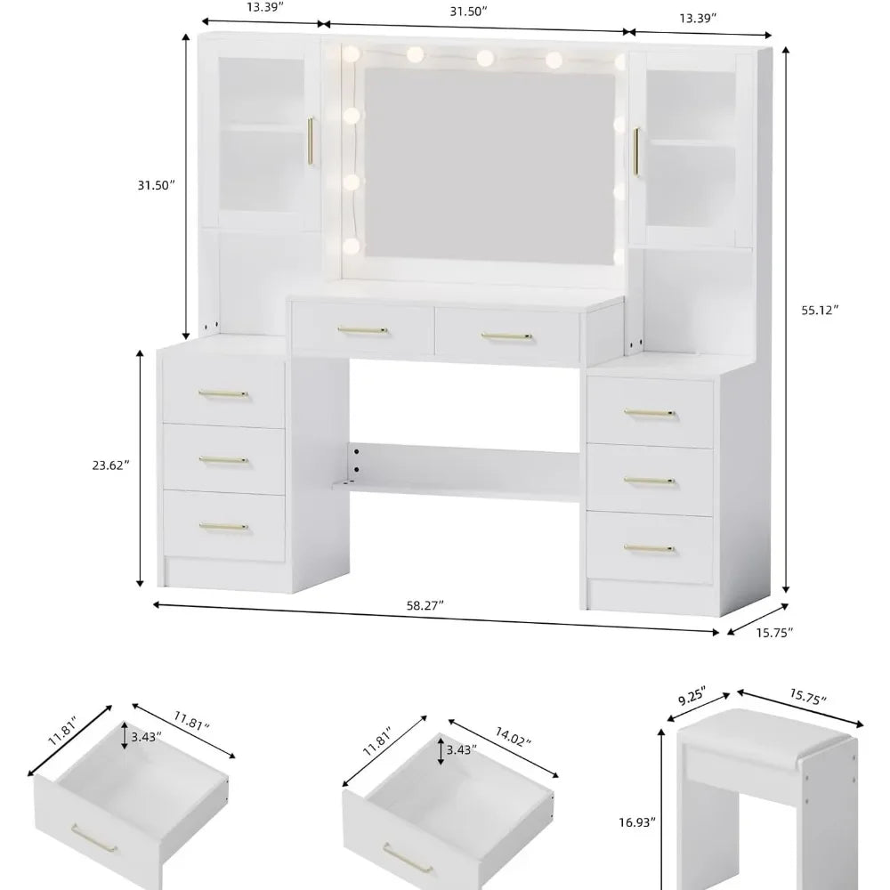 58.3" Large Vanity Desk with Mirror, 10 LED Lights, Drawers & Stool