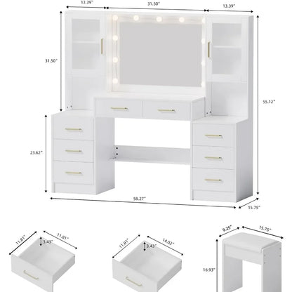 58.3" Large Vanity Desk with Mirror, 10 LED Lights, Drawers & Stool