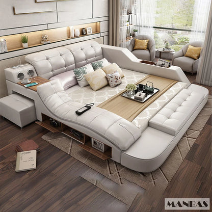 Luxury King Size Smart Bed with Genuine Leather & Massage