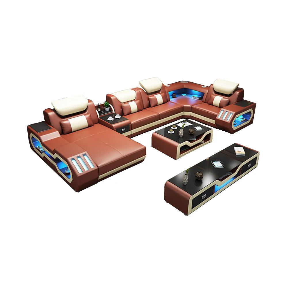 Luxury Italian Leather Sofa - Bluetooth, USB, LED & Coffee Table