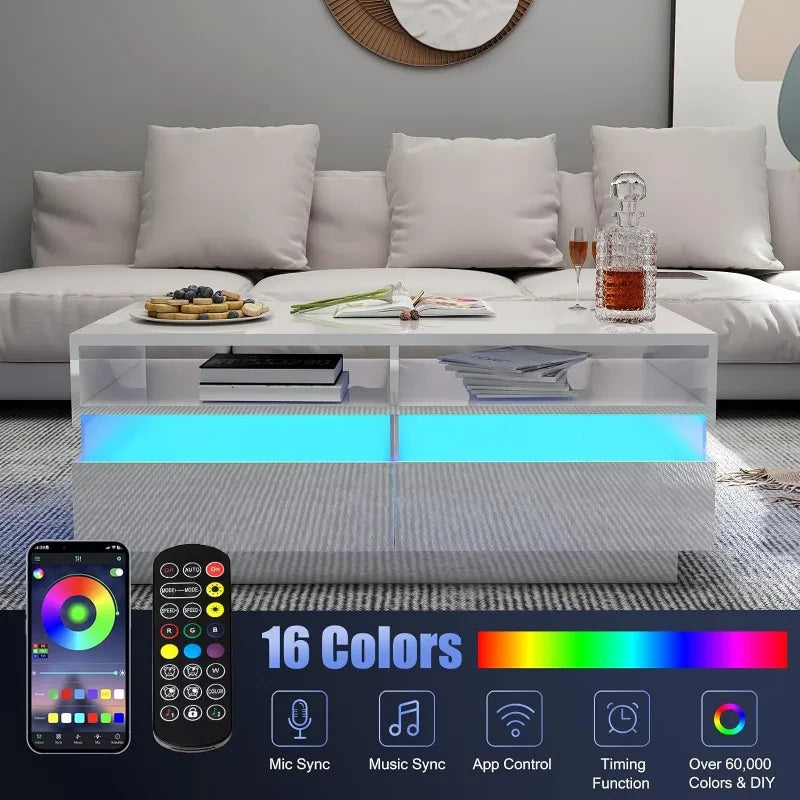 Modern LED Coffee Table: 2-Tier Black, High Gloss, 2 Storage Drawers, 60,000-Color LED Lights, App Control