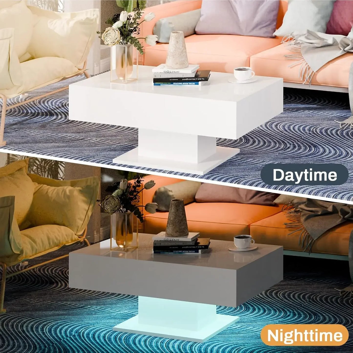 LED Coffee Table: High Gloss, RGB Lights, Modern Center Table with Remote Control