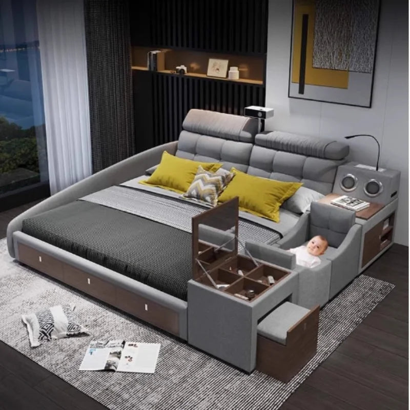 King Size Headboard Multifunctional Bed - Wooden Luxury Frame