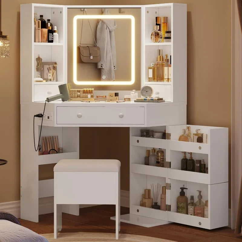 Corner Vanity Desk with Mirror, Lights, Rotating Shelves & Charging Station