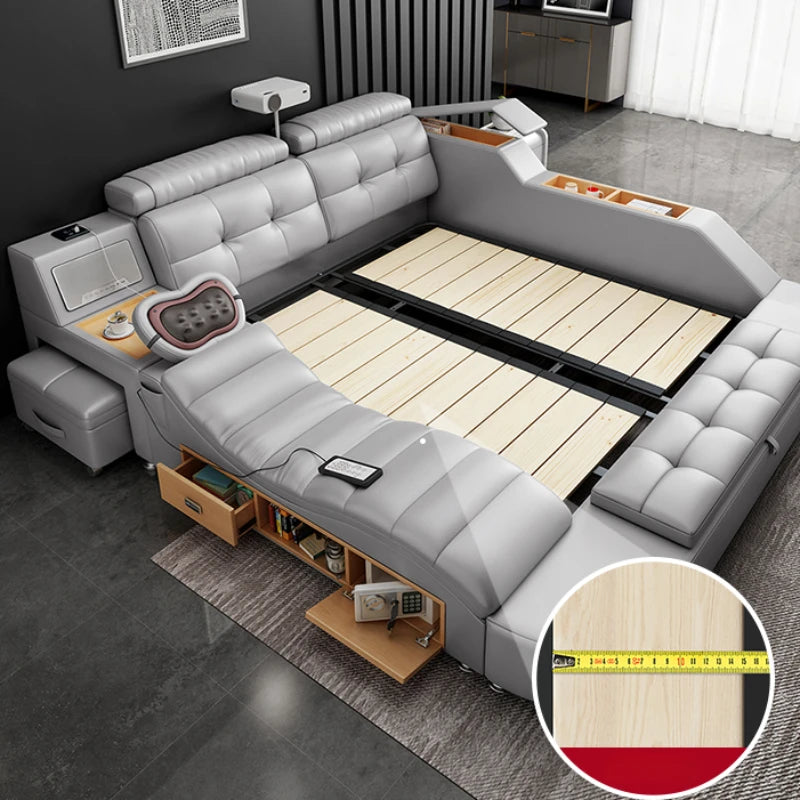 Luxury Queen Size Bed - Smart Tech, Genuine Leather, Multifunctional