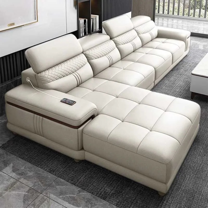 Nordic Leather Living Room Sofas - Modern Two-Seater Lounge Puffs