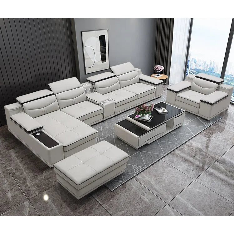 Modern Luxury Genuine Leather L-Shape Sectional Sofa Set for Living Rooms