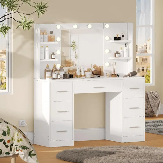 Vanity Desk with 10 LED Lights, 7 Sliding Drawers & 6 Open Shelves