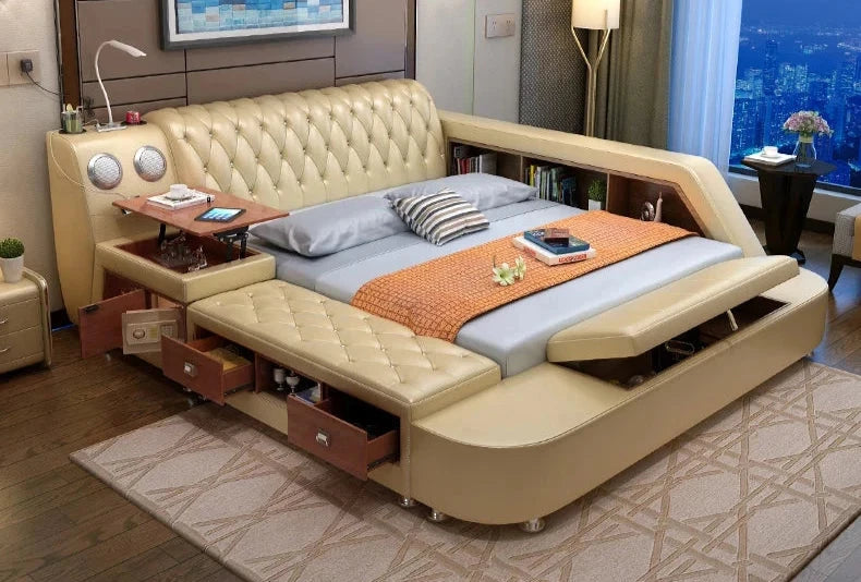 Ultimate Tech Smart Bed: Leather Massage, Speaker & Safe