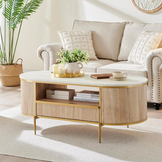 Modern Luxury Coffee Table: 48" Oval, Gold Metal, Drawer, Natural Oak