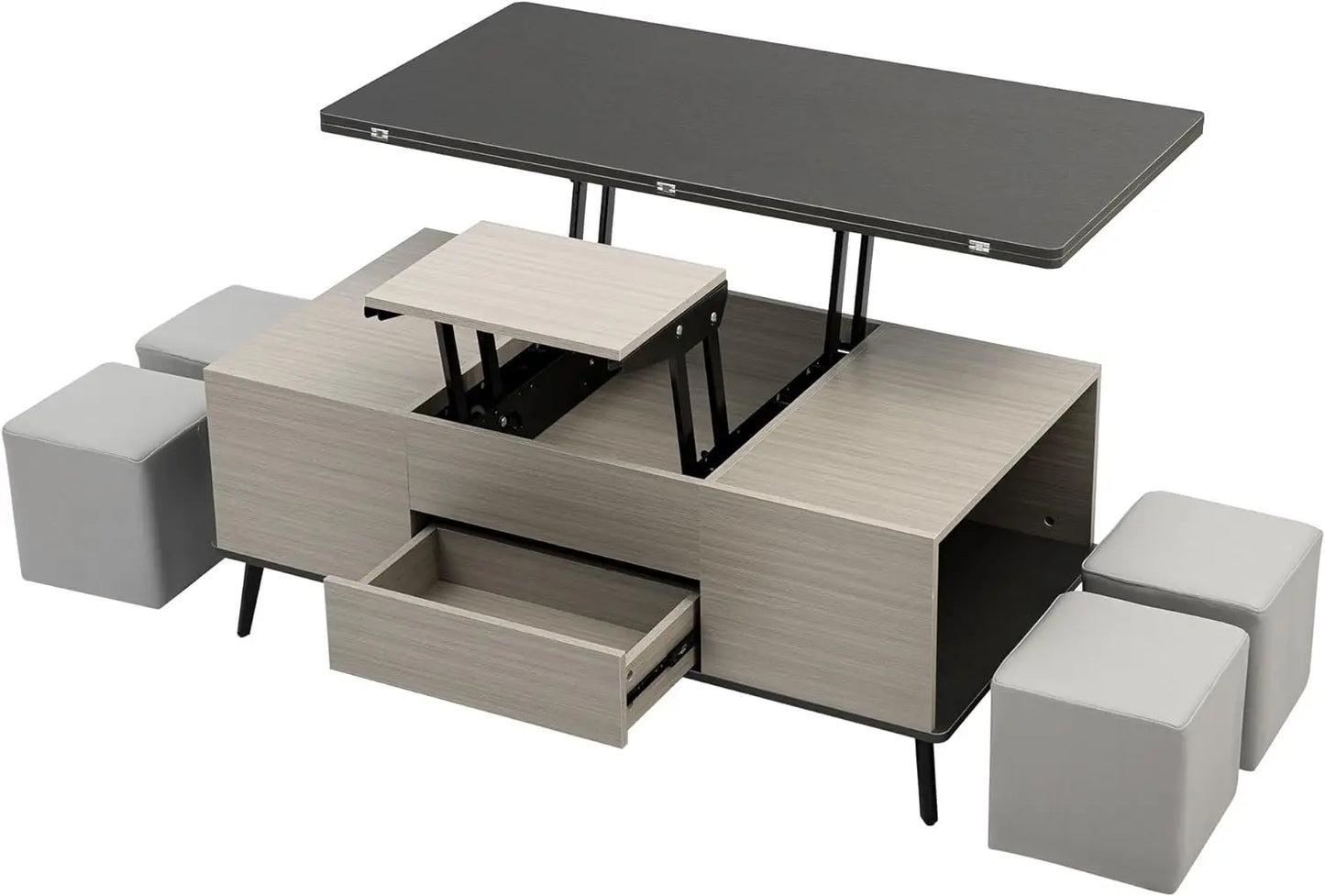 3-in-1 Lift Top Coffee Table Set: Modern, Dark Gray, with 4 Stools, Space-Saving Dining