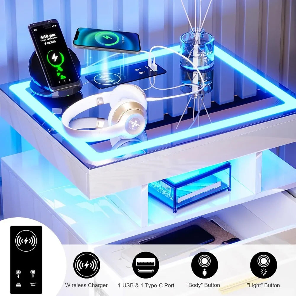 LED Nightstands with 2 Drawers, Auto Sensor Lights & Charging