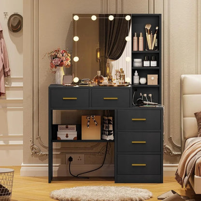 Vanity Desk with Sliding Mirror & Lights, Charging Station, 5 Drawers