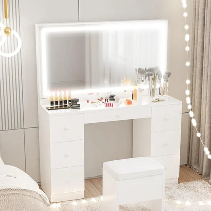 Vanity Desk Set with LED Lighted Mirror, Power Outlet, 7 Drawers & Stool