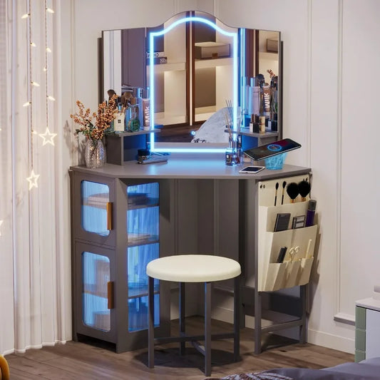 Vanity Desk with Mirror & Lights, Charging Station, 3 Lighting Options & Drawers