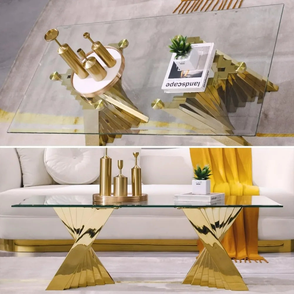 Clear Glass Coffee Table: Rectangle with Gold Stainless Steel Base