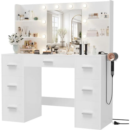 Furmax Vanity Desk with Mirror, LED Lights, Power Outlet & Storage