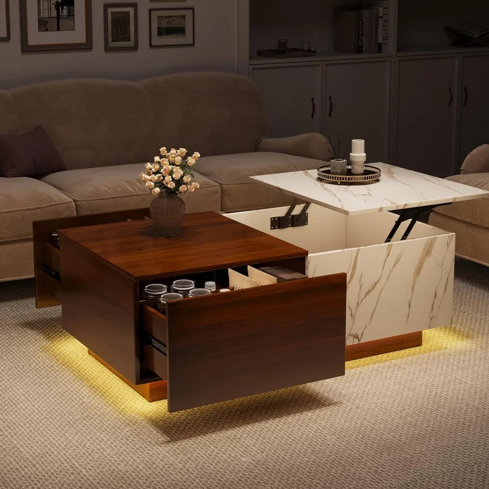 Lift Top Coffee Table: LED Wooden, Storage, Hidden Drawer