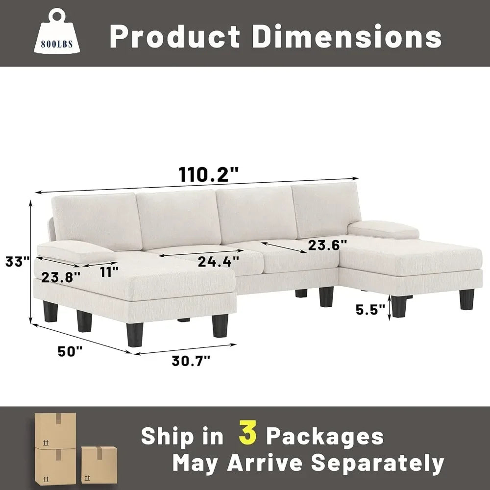 U-Shaped Convertible Sectional Couch - Soft Chenille, 4 Seats