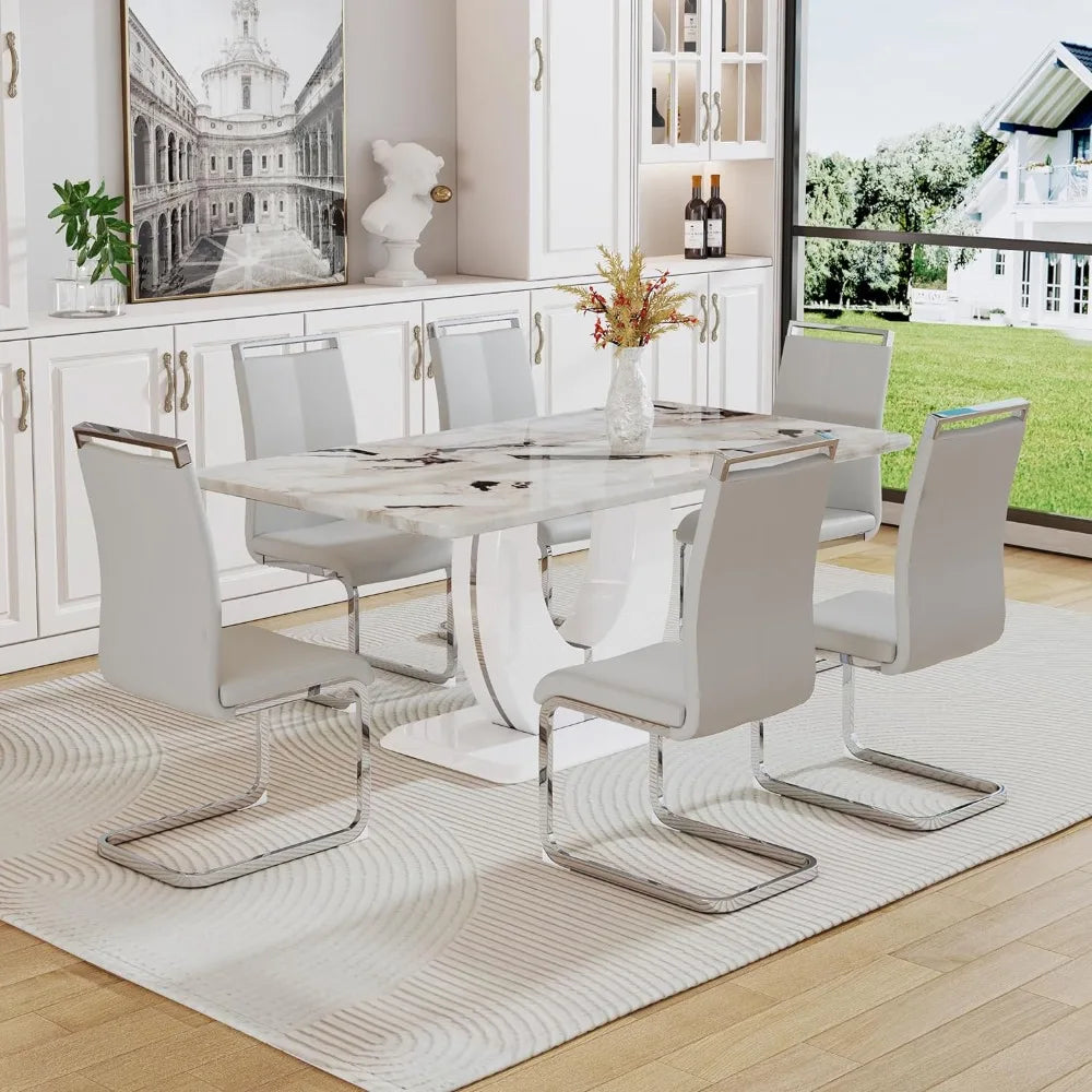 Modern Dining Table Set for 6: Faux Marble Top, 6 PU Leather Chairs, Ideal for Dining Room or Kitchen