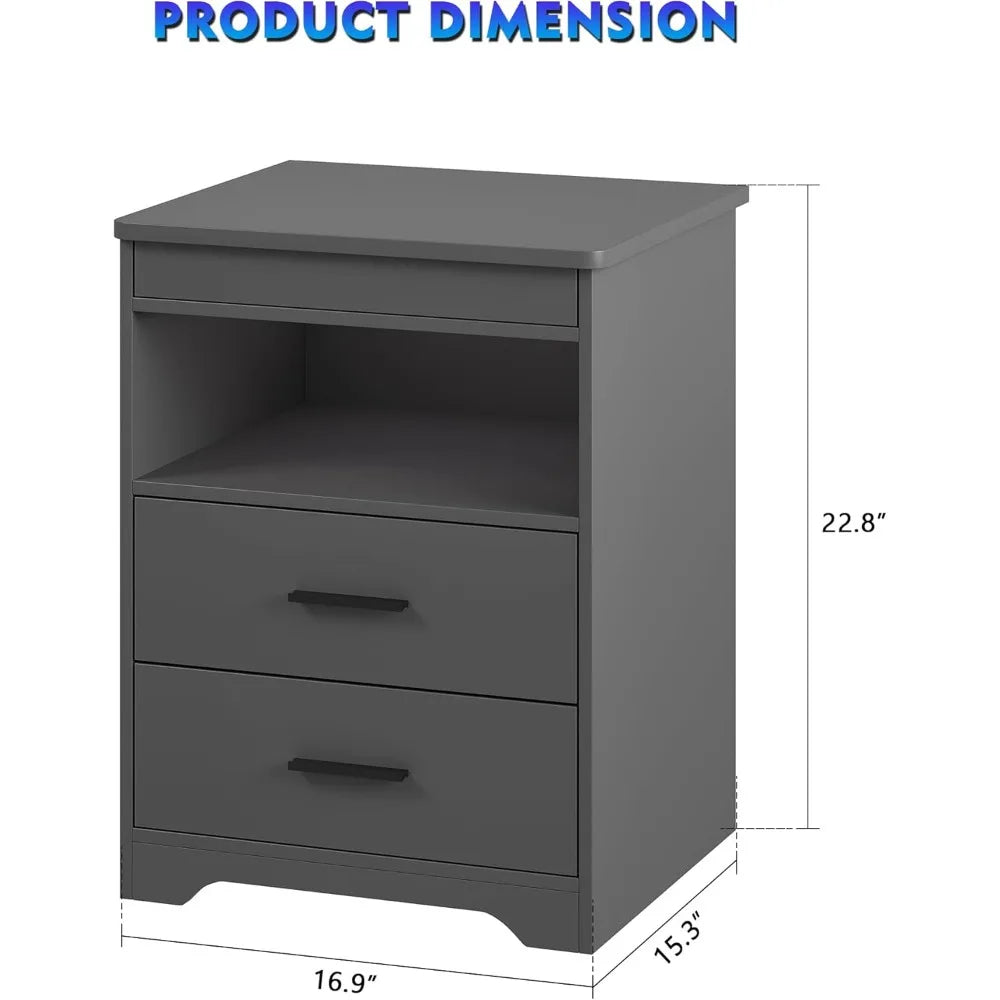 LED Nightstand with Gun Drawer, Charging Station & Dimmable Light