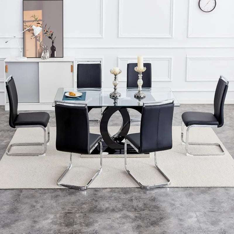 Glass Dining Table Set for 6: 7-Piece, Tempered Glass Top, Modern with 6 PU Leather Chairs