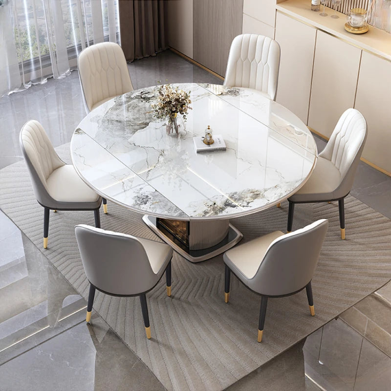 Designer Floor Dining Table: White, European Design, Mobile, Round, Extendable