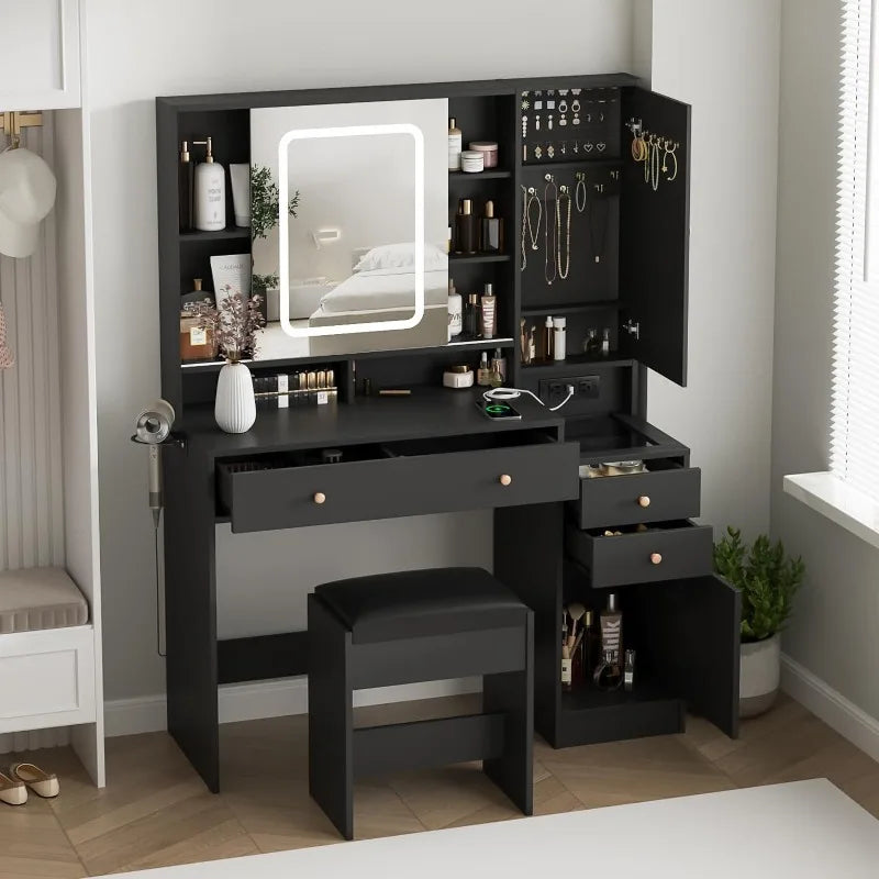 Vanity Desk with Mirror & Lights, Makeup Vanity with 3 Drawers, Cabinets, Charging Station & Sliding Features