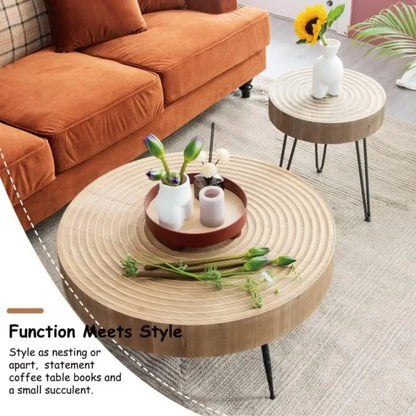 Modern Farmhouse Coffee Table Set: Nesting, Round, Natural Finish, Handcrafted Wood Ring Motif