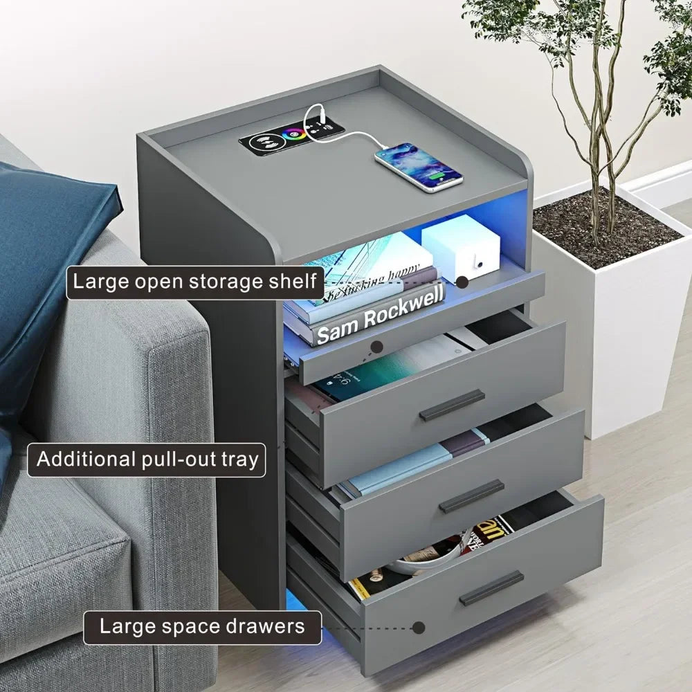 Smart Nightstand with Charging Station & RGB Lights