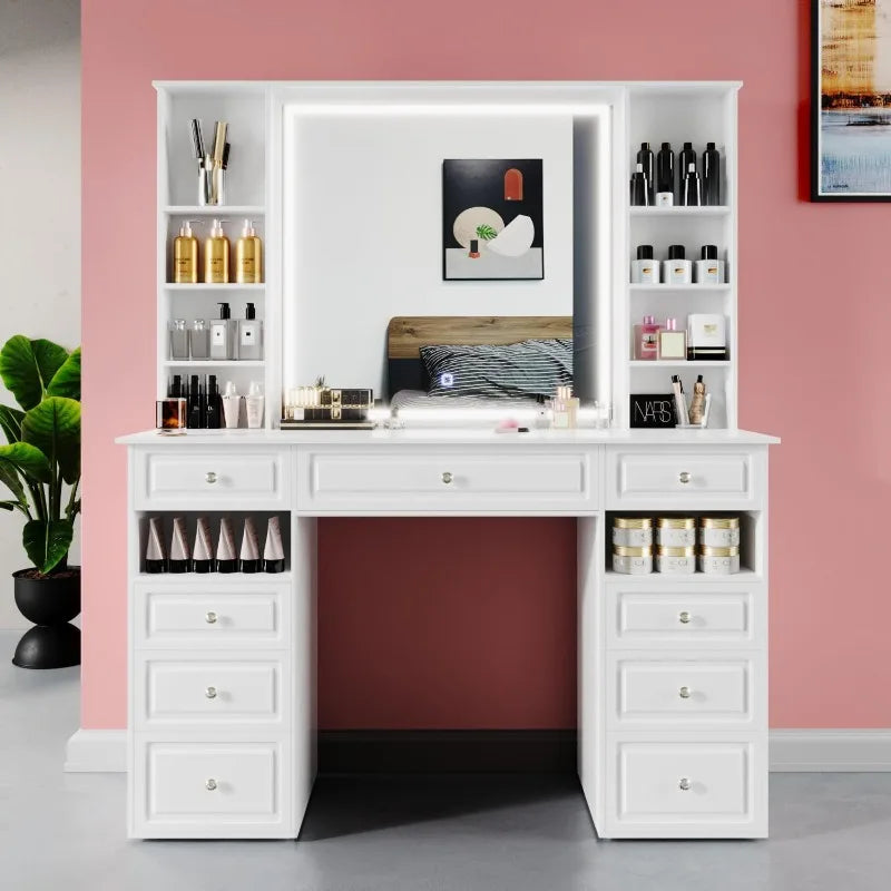 Extra Large Vanity Desk with Lighted Mirror & 9 Drawers, European Style