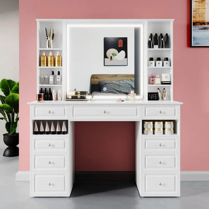 Extra Large Vanity Desk with Lighted Mirror & 9 Drawers, European Style