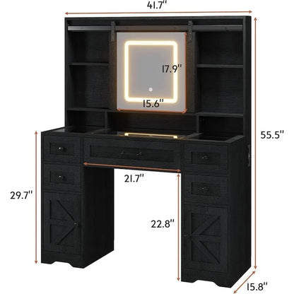 Farmhouse Vanity Desk with Sliding Mirror, Lights, Glass Top & Charging Station