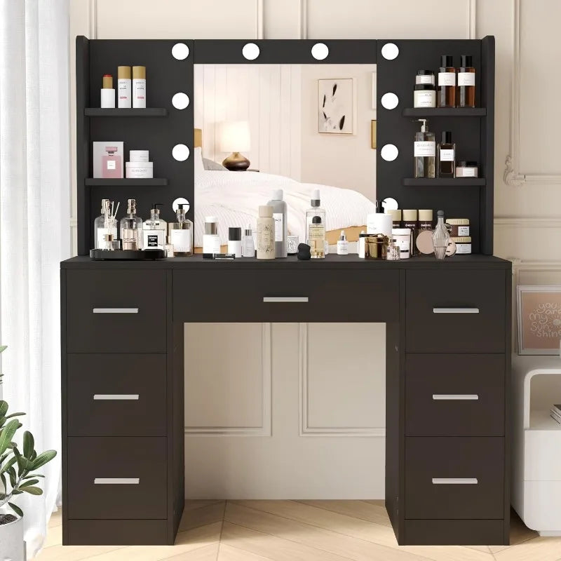 Vanity Desk with 10 LED Lights, 7 Sliding Drawers & 6 Open Shelves