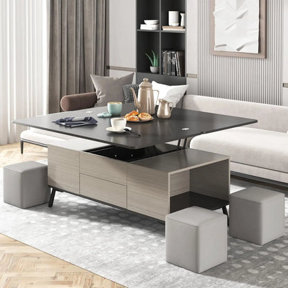 3-in-1 Lift Top Coffee Table Set: Modern, Dark Gray, with 4 Stools, Space-Saving Dining