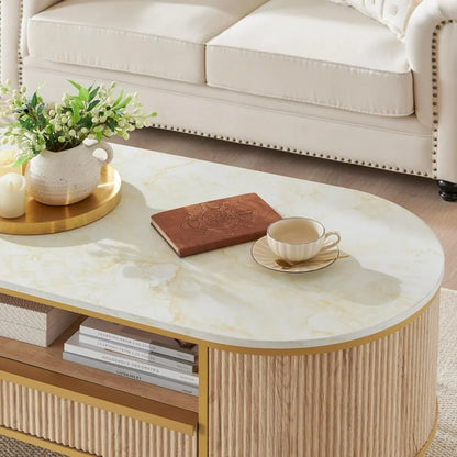 Modern Luxury Coffee Table: 48" Oval, Gold Metal, Drawer, Natural Oak