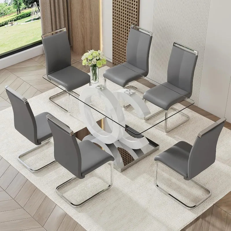 Glass Dining Table Set for 6: 7-Piece, Tempered Glass Top, Modern with 6 PU Leather Chairs