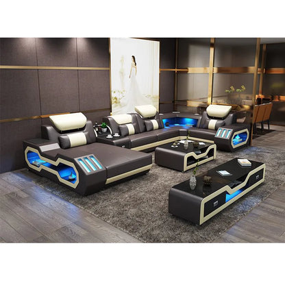 Luxury Italian Leather Sofa - Bluetooth, USB, LED & Coffee Table